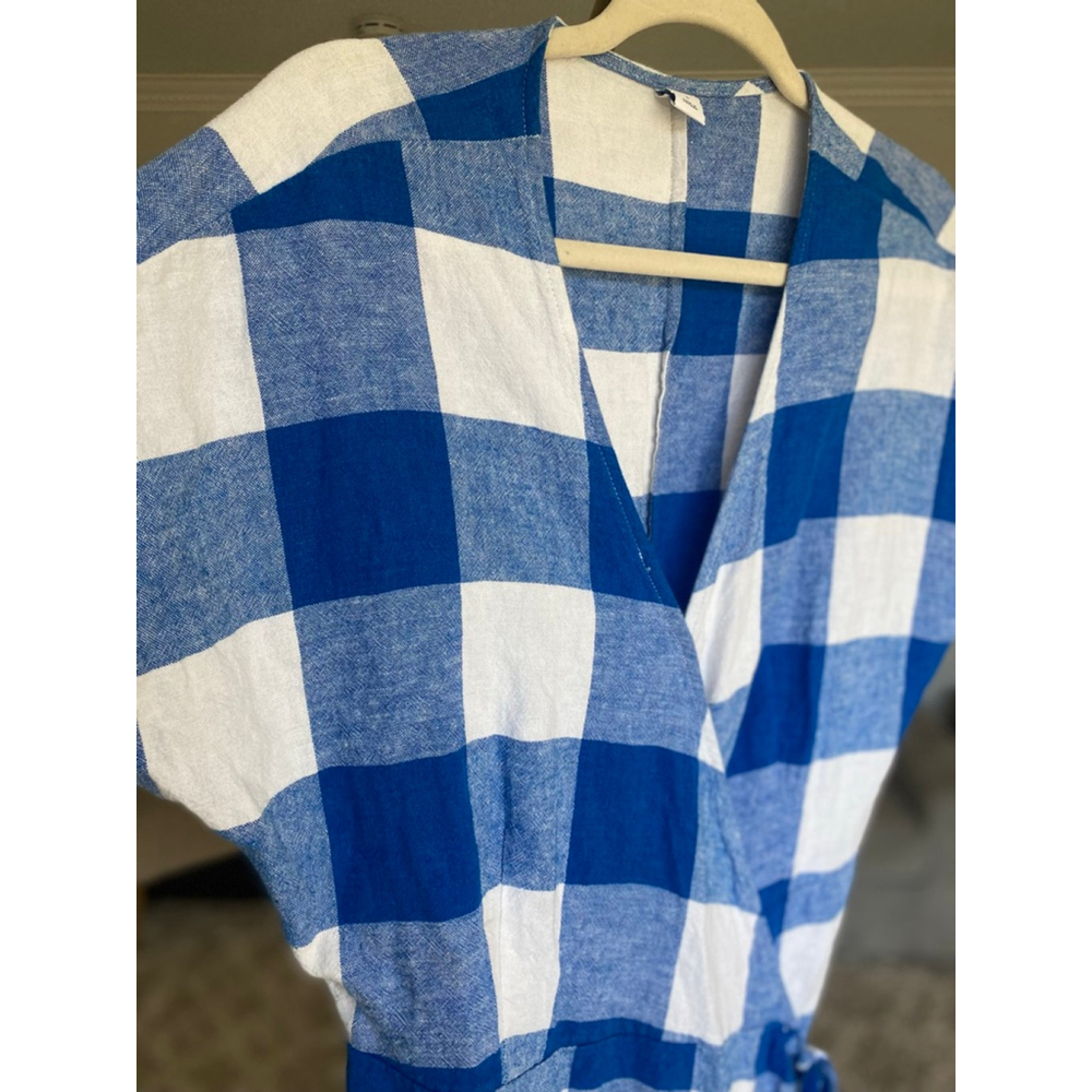Old Navy Wrap Dress Gingham Blue White Cottagecore Preppy Summer Picnic Coastal - Picture 9 of 11